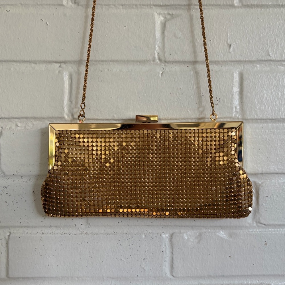 La Regale Gold Sequined Mesh Evening Clutch‎ w/ Shoulder Chain, EUC